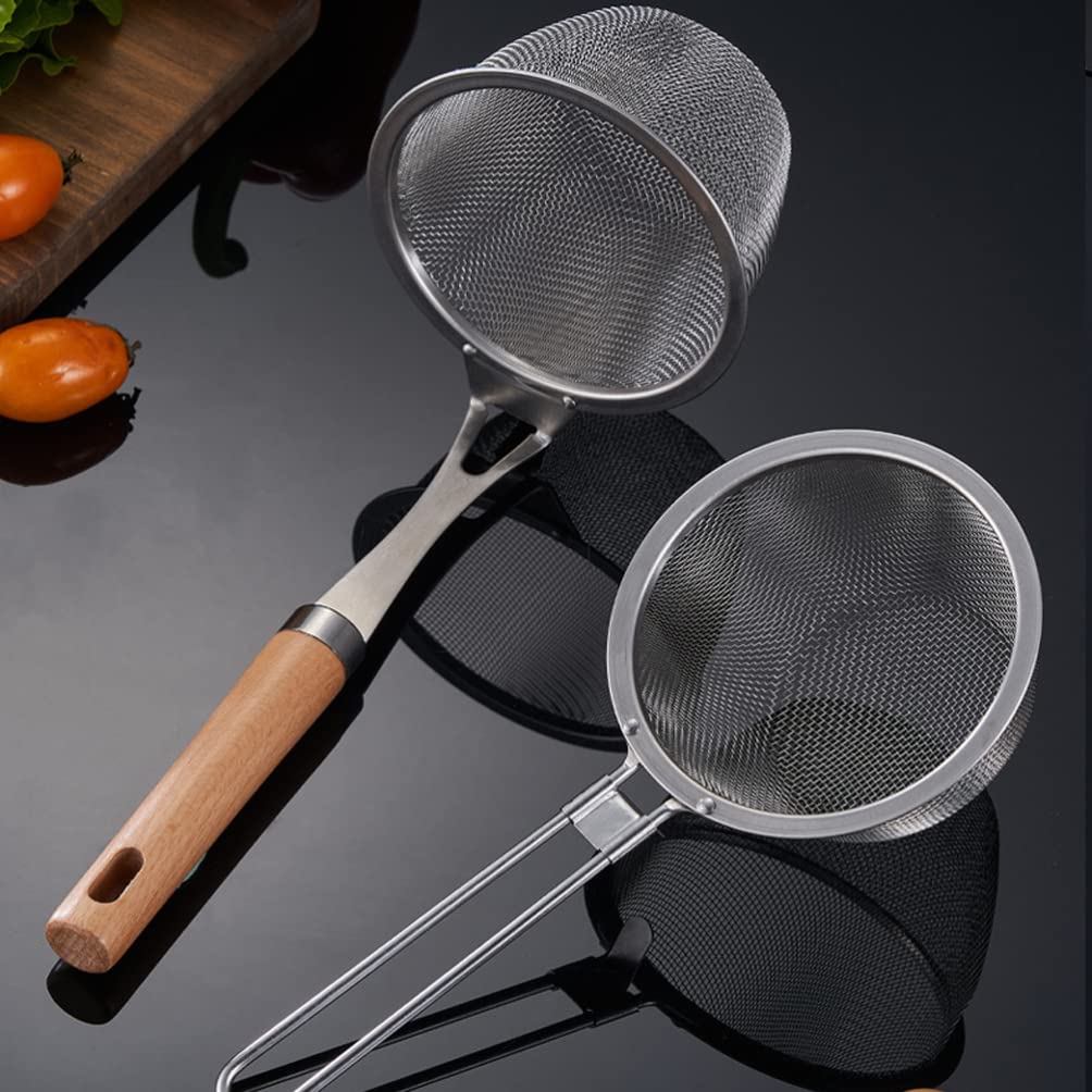 2 coladores de acero inoxidable: colador de malla fina con mango, cucharón para cocinar y freír, colador de metal, fideos espaguetis (plateado)
