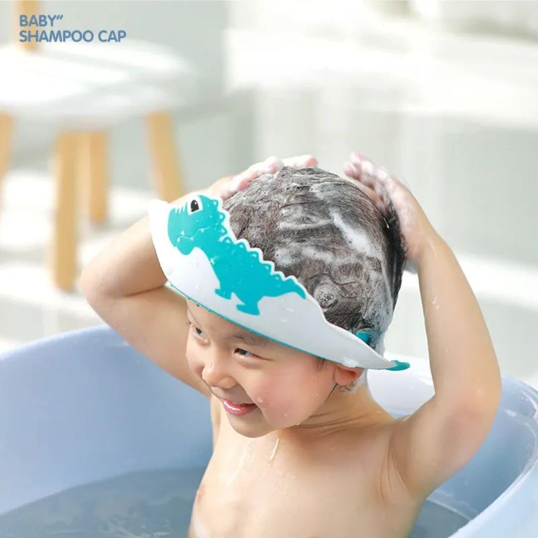 Baby Shower Cap for Kids Hair Washing Shield, Toddler Bath Hat, Shampoo Visor, Head Protector - Cute Dinosaur Shape Makes Bath More Fun - Blue - Image 3 thumbnail