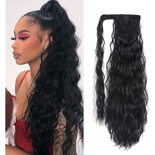 YEAME Corn Wave Ponytail Extension Clip in - 22 Inch Long Wavy Curly Wrap Around Pony Tail Heat Resistant Synthetic Hairpiece for Women (Natural Black #1B)