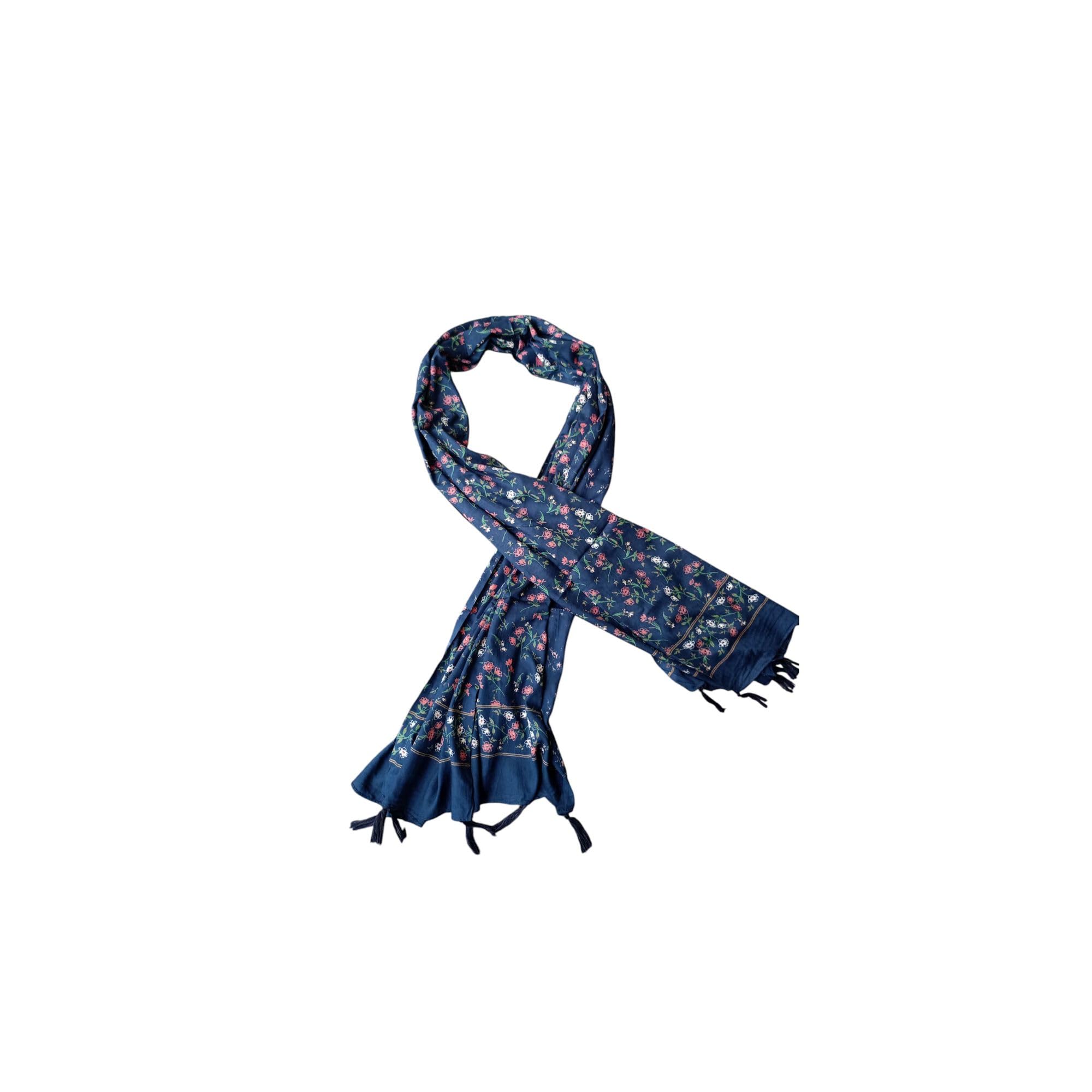 Women's Floral Printed Navy Blue Cotton Scarf with Tassels – Soft Lightweight Dupatta/Stole/Shawl (Pack of 1)-image-38