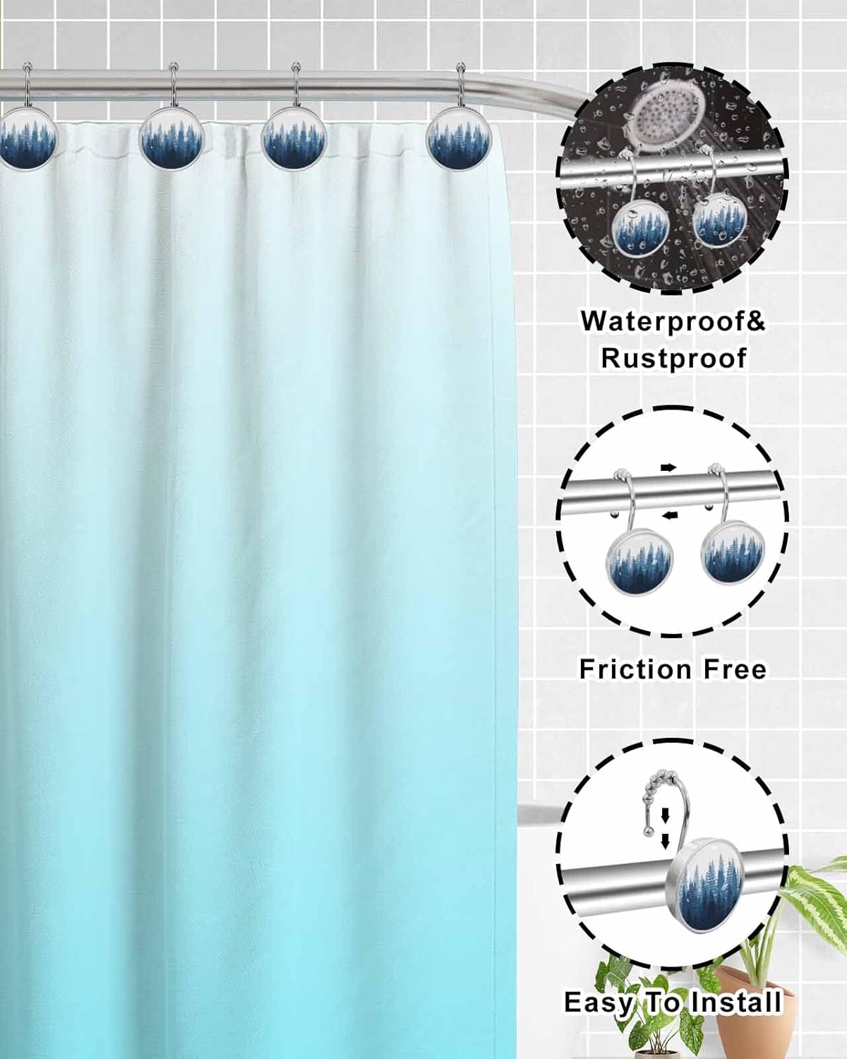 Shower Curtain Hooks 12 Pcs, Forest Tree Silhouette Blue Abstract Gradient Stainless Steel Rust Proof Rolling Shower Curtain Rings, Decorative Shower Curtain Hooks Hangers for Bathroom, Bath Ball