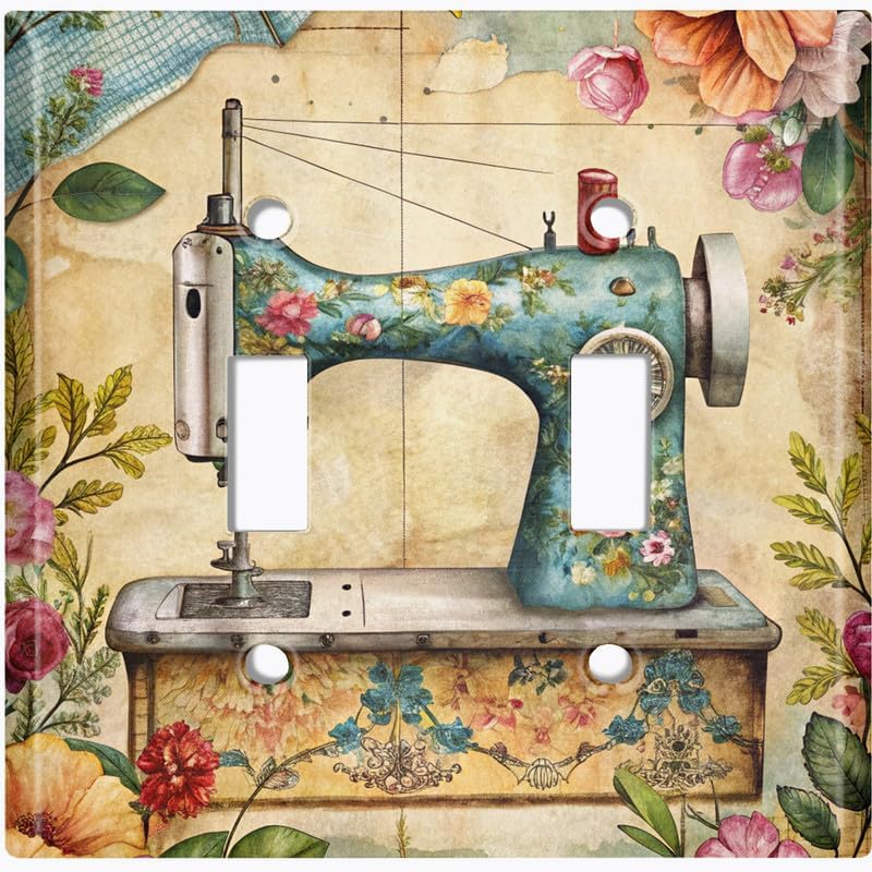 Metal Light Switch Plate Cover; Standard Size 4 Gang Toggle - Vintage Sewing Machine FWR280