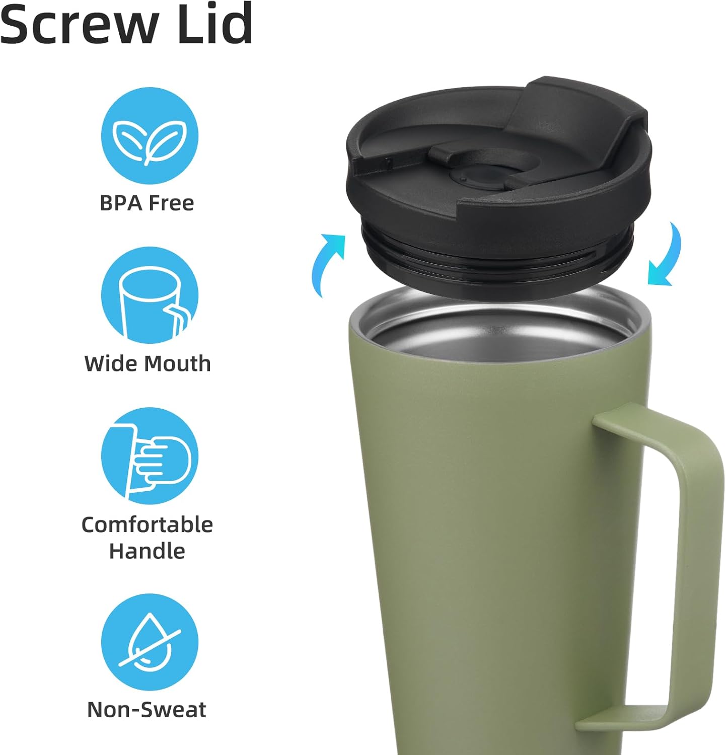 Insulated Tumbler with Handle and Straw, 18 OZ Travel Coffee Mug Stainless Steel Cup Metal Water Bottle,Camp Green - Image 3