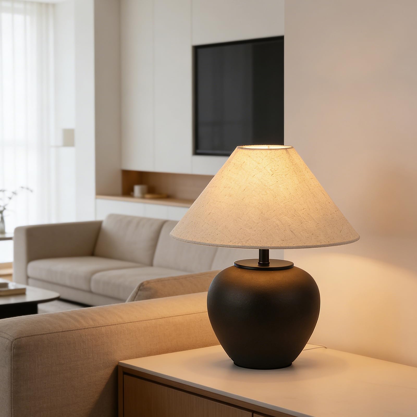 Lampada Da Tavolo In Ceramica Nera, Moderna Fattoria Rustica Scrivania Fatta A Mano, Comodino Per Soggiorno (Nero)