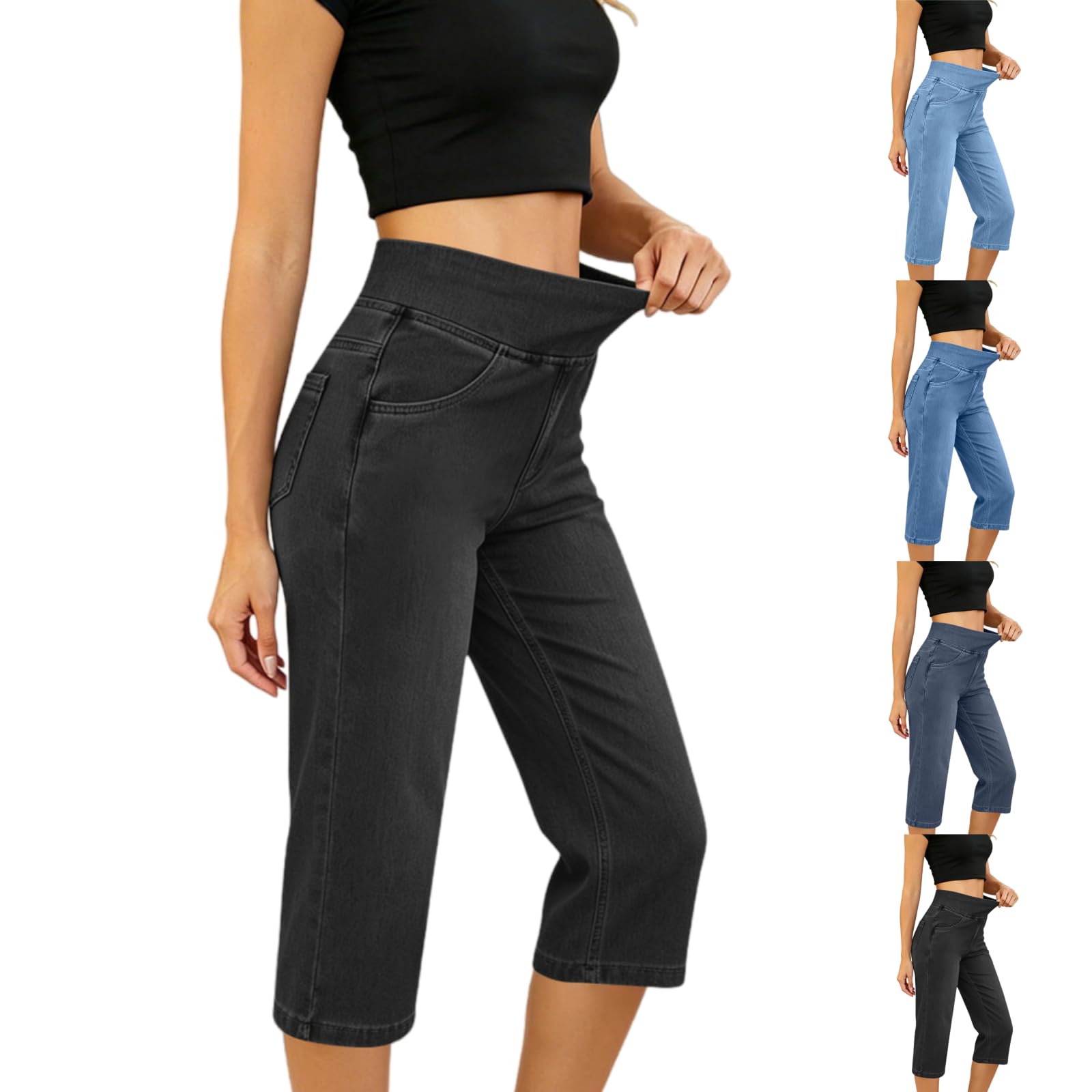 Genérico Pantalones Vaqueros Tobilleros para Mujer con Cintura elástica | Pantalones capri casuales de verano, suaves y de tiro alto con bolsillos; estilo pierna ancha y tendencia Y2K, ideales para v