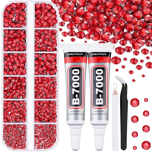 6100Pcs Resin Red Rhinestones for Bedazzling with 2Pcs 10ml B7000 Jewelry Glue 1 Box Flatback Gems Crystals Diamonds for Makeup Crafting Nail Art