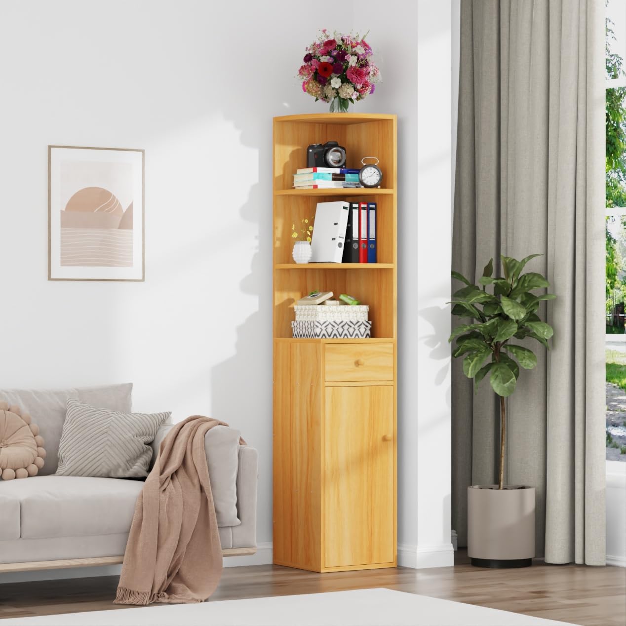 Rainbow Tree Walnut Corner Cabinet 3-Tier Shelves & 1 Drawer & 1 Door, Bathroom Corner Storage Cabinets, Cupboard Sideboard for Living Room, Tall & Slim Floor Cabinet 30×30×150cm