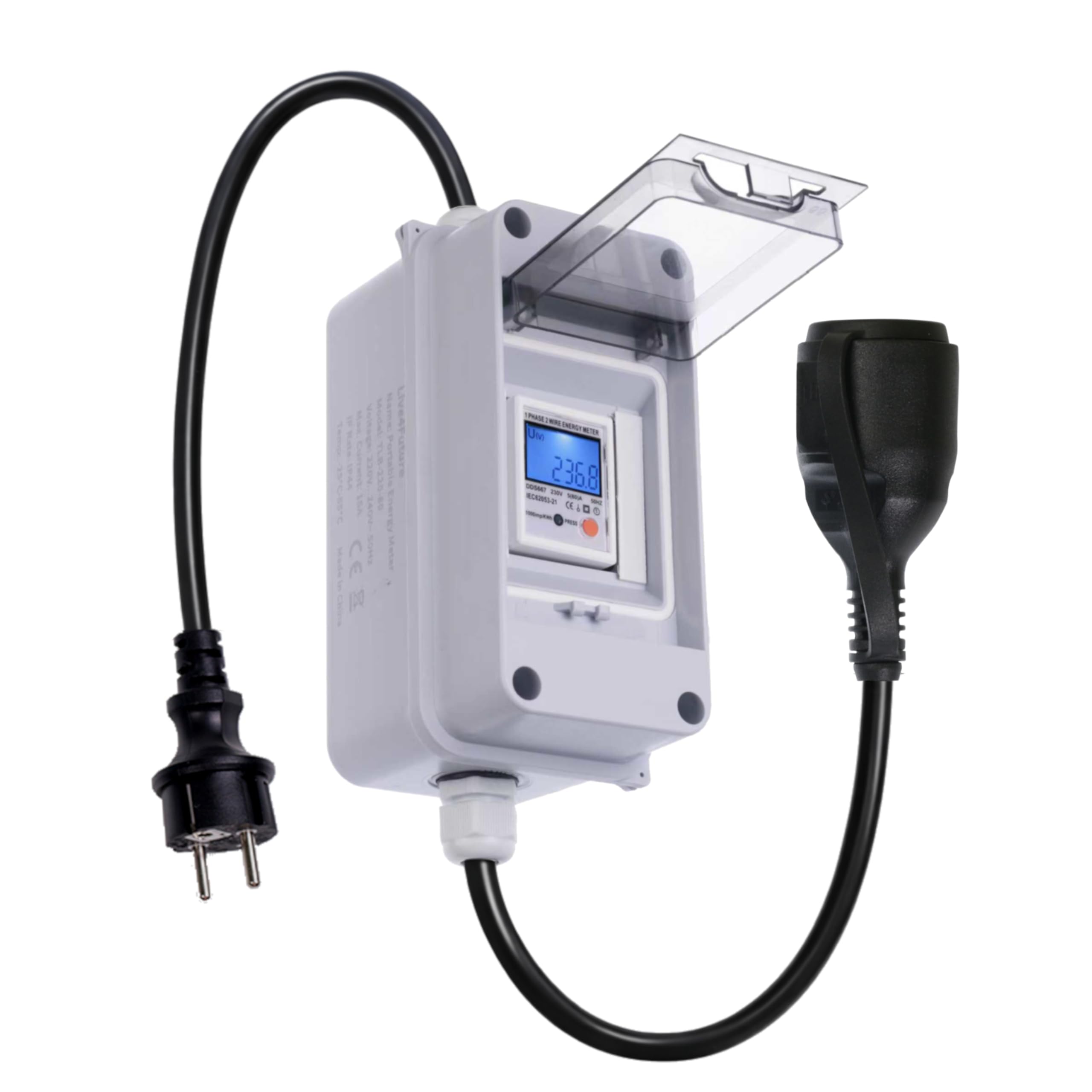 Medidor de Consumo Eléctrico Móvil IP65 con Botón de Reset & Cable H07RN-F – Contador de Energía para Kit Solar Autoconsumo, Caravana, Camping & Carga de Coche Eléctrico (Plug & Play)