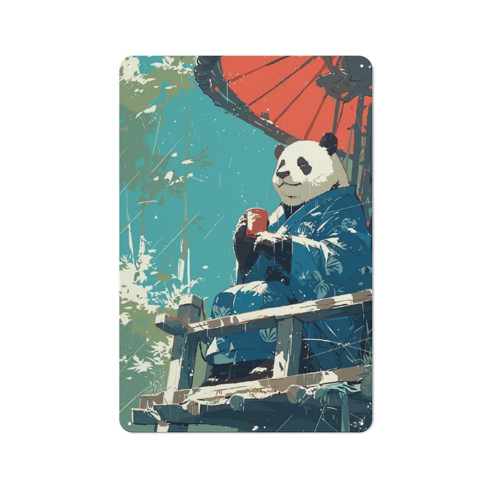 Workshop Style Japanese Panda Kimono Decorative Metal Plaque 30x20cm, Shed Wall Plaque for Tool Room, Garage, Studio Or Home Bar