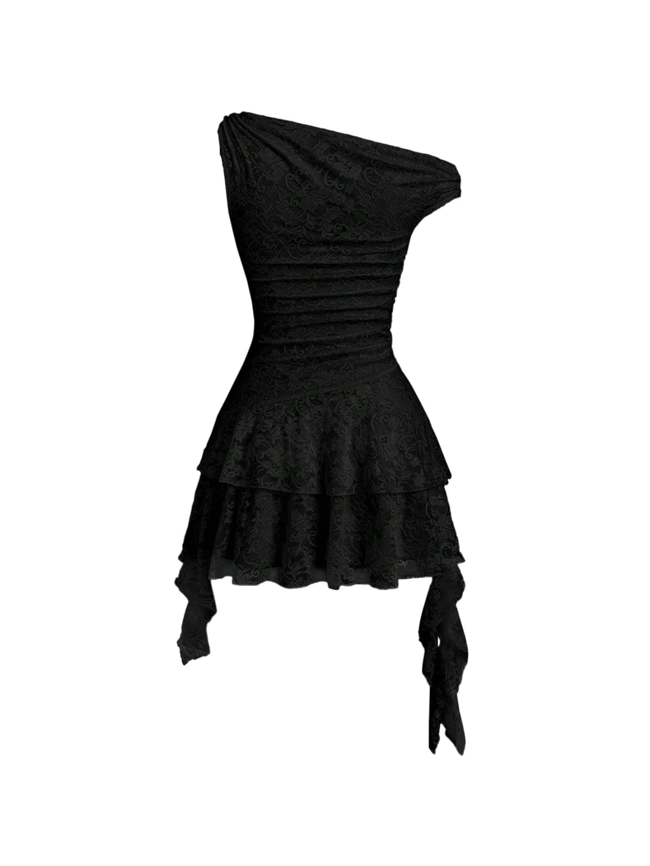 SweatyRocks Damen Y2k Kleid Off Shoulder Minikleid Schulterfrei Sommerkleid mit Spitze mit Gerafft A-Linie Partykleid mit Rüschenbesatz