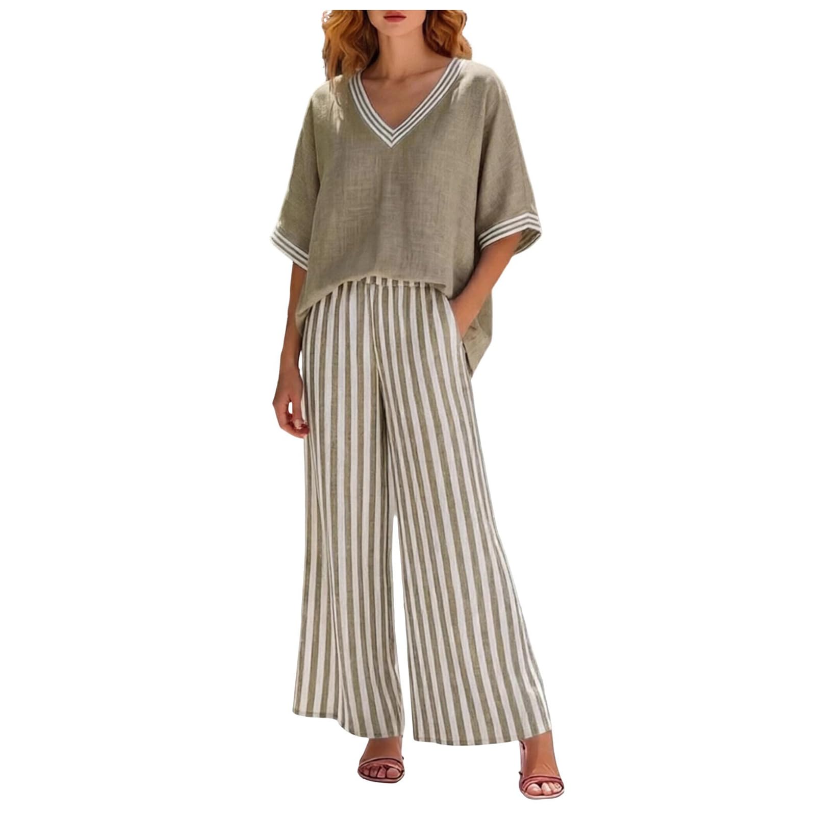 Genérico Conjunto Mujer De Dos Piezas Para Mujer Verano Cuello V Manga Murciélago Contraste Pantalones Anchos Cómodo Elegante Para Salir Diario Talla Grande Estilo Casual Holgado Talla Grande