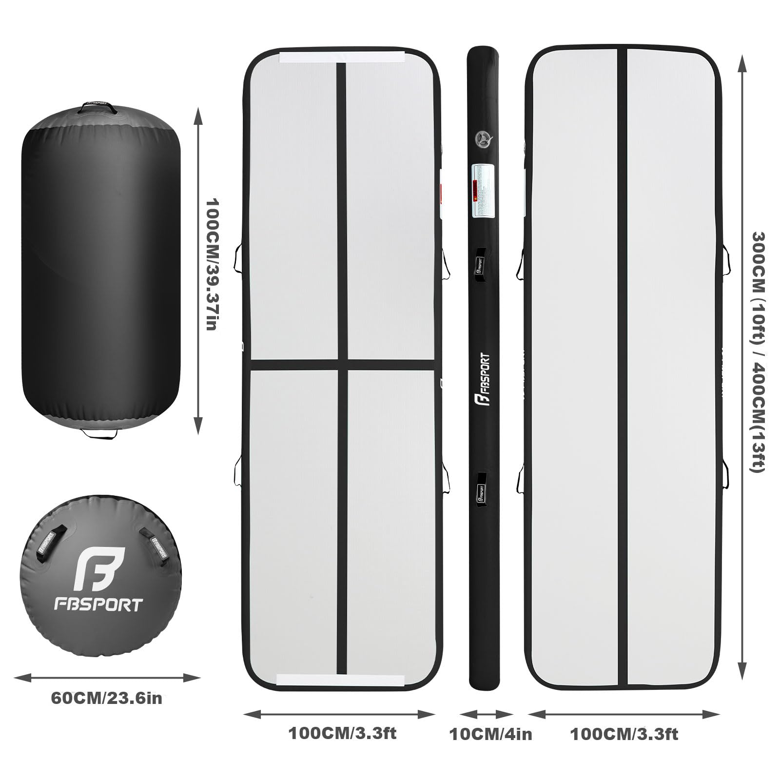 FBSPORT Airtrack Matte mit 100x60cm Air Roll, 10cm Hoch Verdicken 3/4M Tumbling Matte,Gymnastikmatte mit Luftpumpe,Trainingsmatte mit Tragetasche,Turnmatte für Zuhause, Outdoor,Yoga
