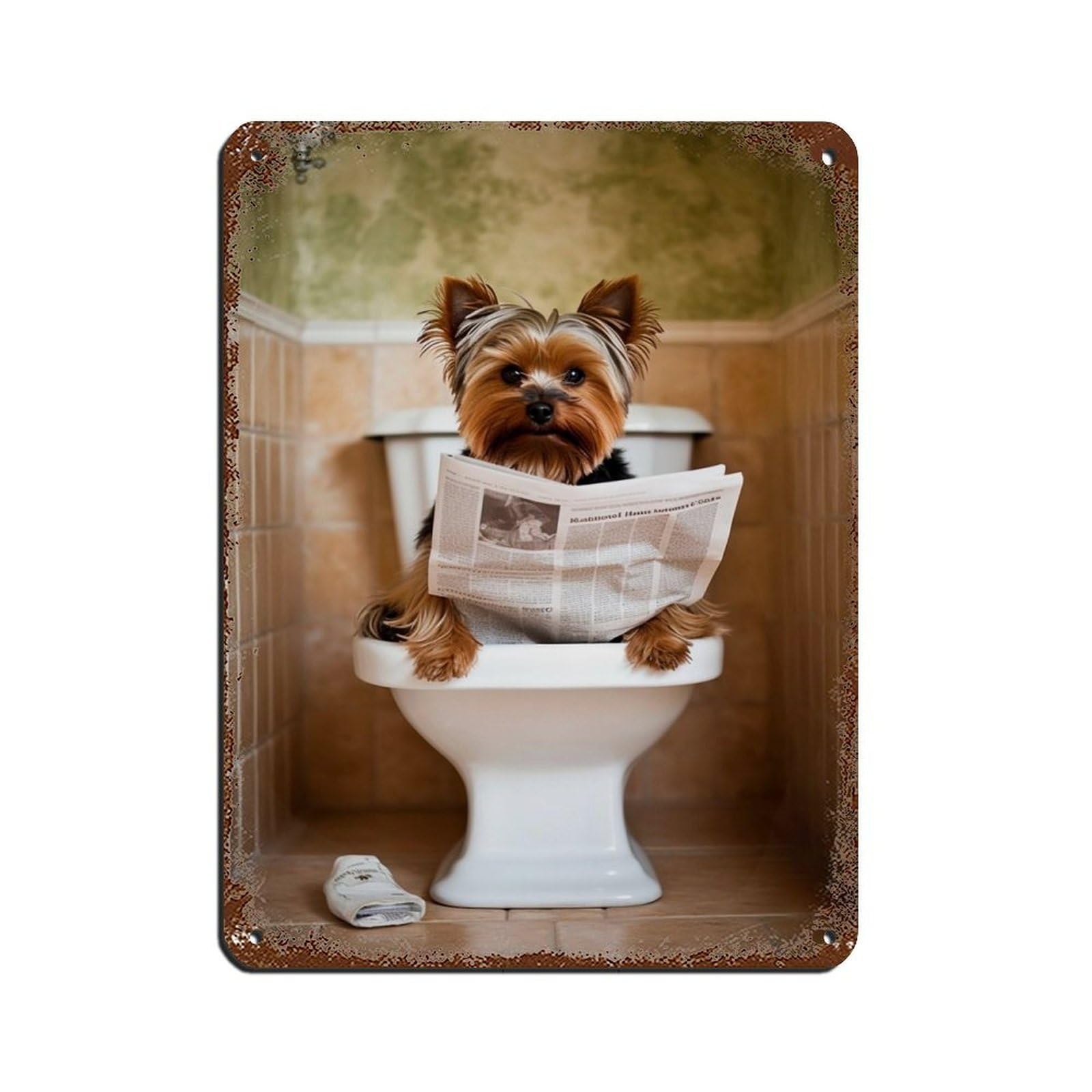Yorkshire Terrier on Toilet Reading The Tin Sign Vintage Metal Pub Club Cafe Bar Home Wall Art Decoration Poster Retro 12x16inch(30x40cm)