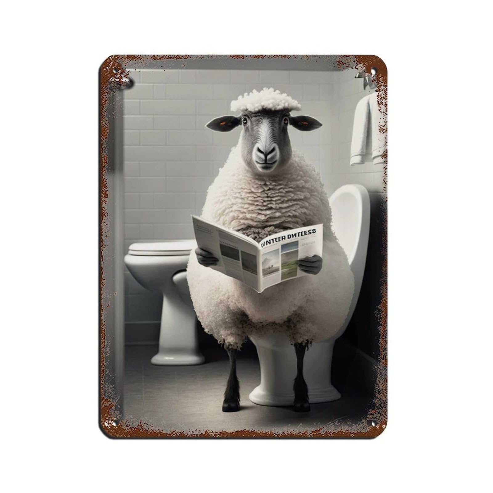 Sheep Sitting on The Toilet Reading A Newspaper Retro Poster Metal Tin Sign Chic Art Retro Iron Painting Bar People Cave Cafe Family Garage Poster Wall Decoration 12x16inch(30x40cm)