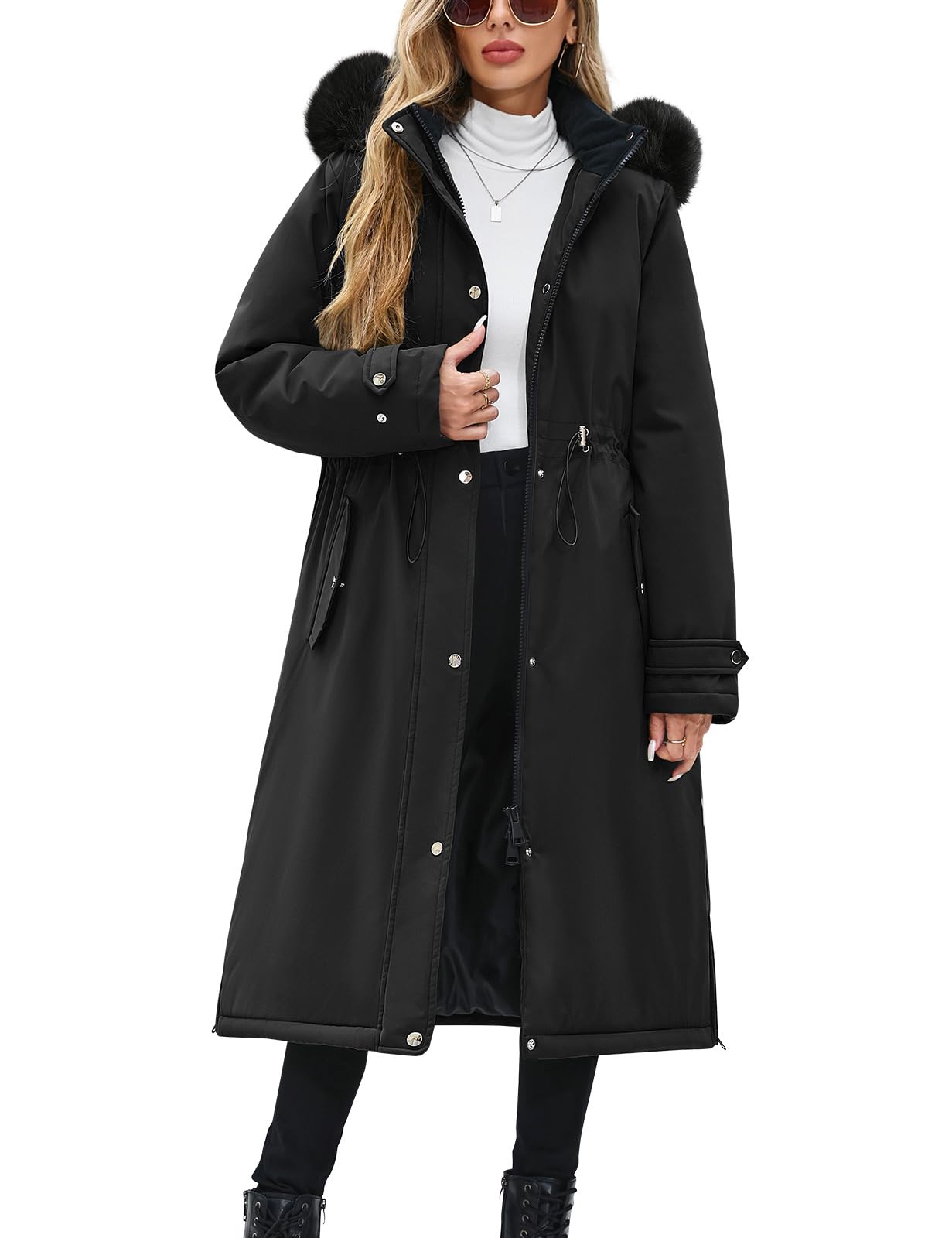CMTOP Cappotto Donna Invernale Lungo Fodera in Pile Ispessito Idrorepellente Antivento Parka, Calda Elegante Giubbotto Imbottita Giacca con Cappuccio Rimovibile, Zip e Tasche