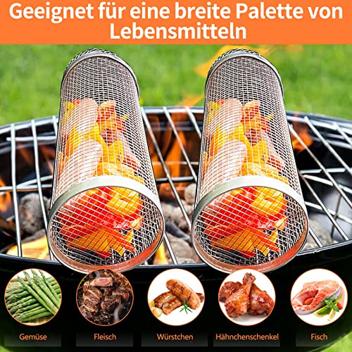 2 Stück Grillkorb Zylindrisch Rolling Zylindrischer Grillkorb Edelstahl Grillkochzubehör Tragbar BBQ Grillrolle für Außengrill, Fleisch, Wurstwaren, Gemüse(20CM) – Bild 4