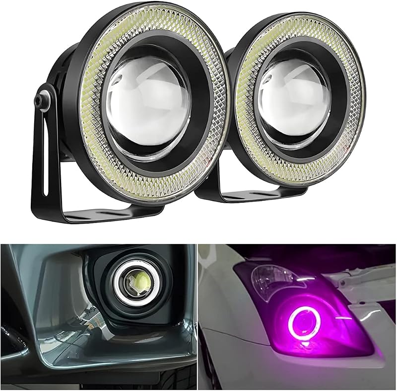 2 luces antiniebla de ojo de ángel para auto, lámpara LED COB redonda de alta potencia brillante con anillos de ojo de ángel de halo blanco, luz diurna universal DRL proyector de bombillas de conducción de auto (rosa)