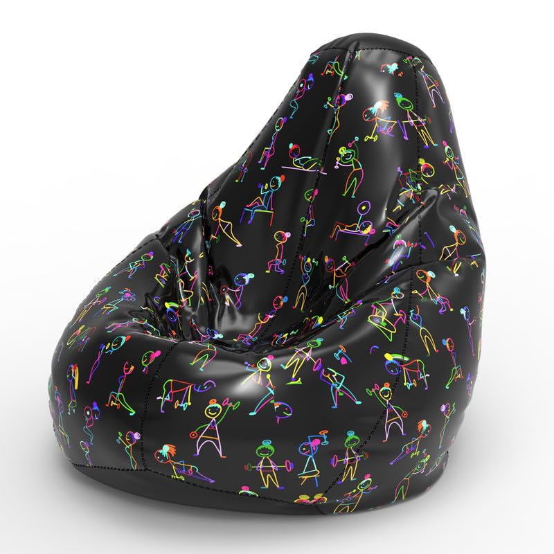 Image of Biggie Bean Bag 1Xl Bean Bag Chair with Beans Filled-Perfect for Living Room,Bedroom,Study-Sale Design(Printed - Full-Gym Poses - F - Black)-Faux Leather