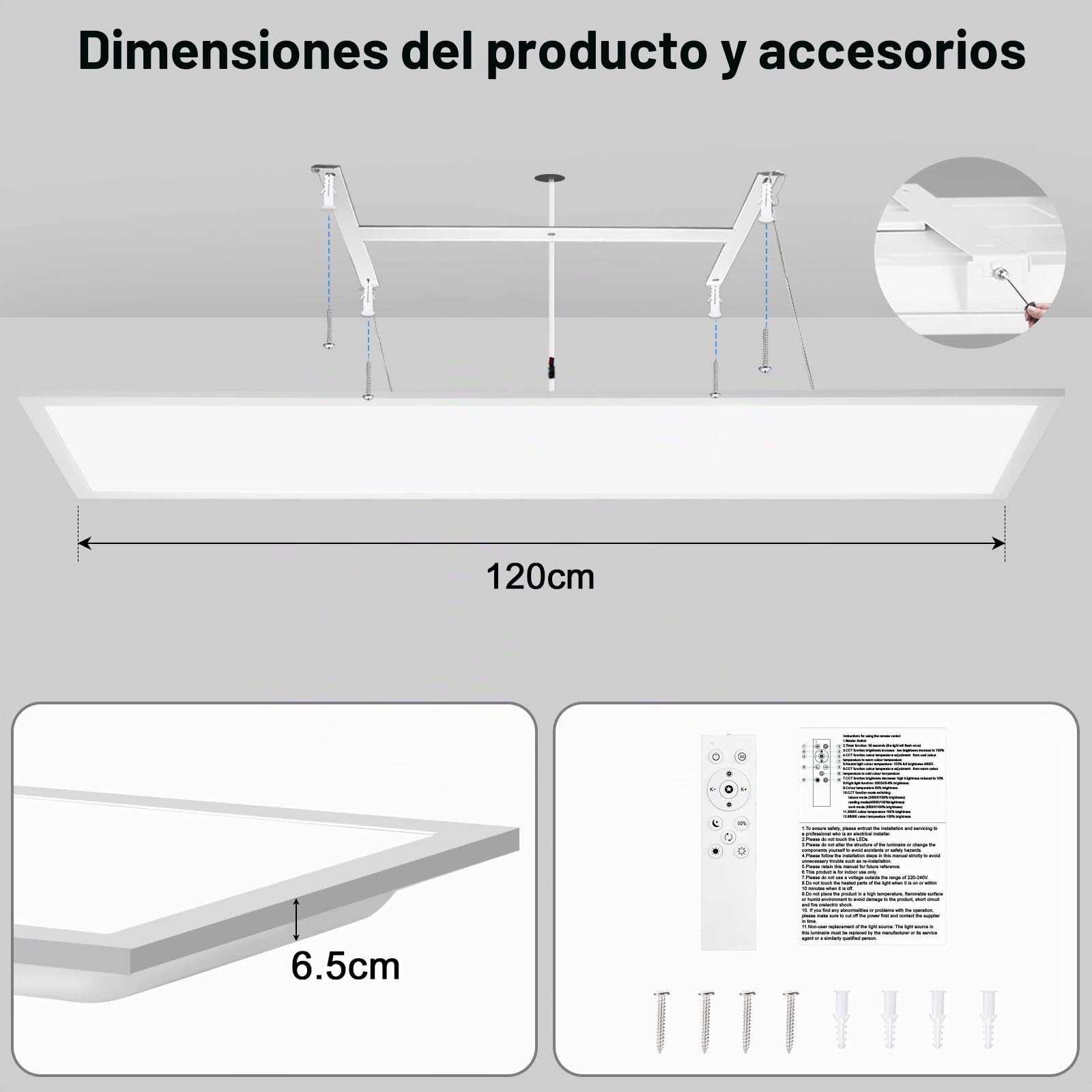 Plafon LED Techo Regulable 120x30CM, Lampara Techo LED Panel 36W/3960LM, 3000K-6500K, Con mando a distancia y función memoria, puede utilizarse como Lampara Techo Dormitorio, Plafon Techo
