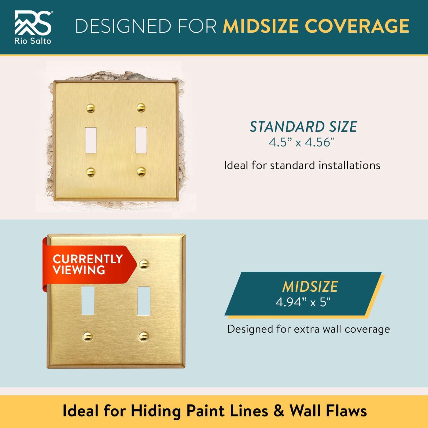 Rio Salto MIDSIZE BRASS Signature Collection Decorative Brushed Brass Gold Metal Outlet Covers, Light Switch Cover Plate, Premium Wall Plate Covers, 2-Gang Double Toggle Flip Switch 5" x 4.94", 2-Pack image 5