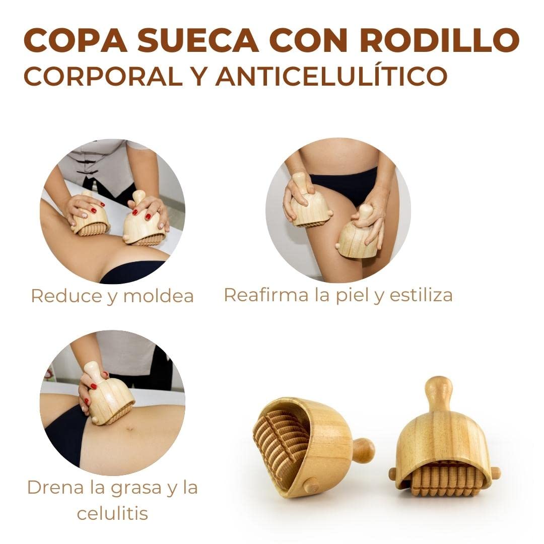 Pareja Copas Suecas Con Rodillo Maderoterapia | Copas Suecas Rodillo | Maderoterapia | Fabricada en madera de pino y loto | Diseñada por Maderoterapia Estética España