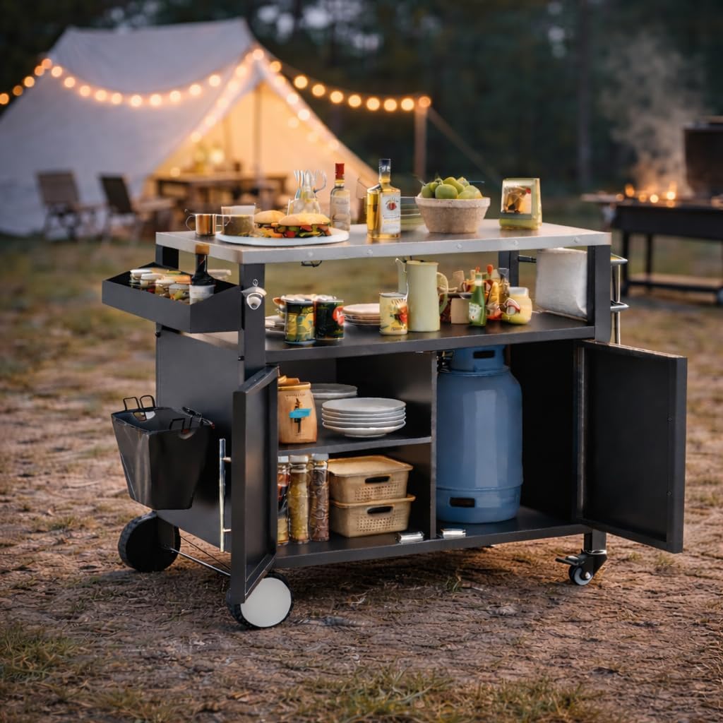 Outdoor Grill Cart Table, Stainless Steel Tabletop & Storage Cabinet & Hooks Kitchen Island on Wheels, BBQ Prep Tables for Outside Grill for Patio, Backyard & Camping (Black -a)