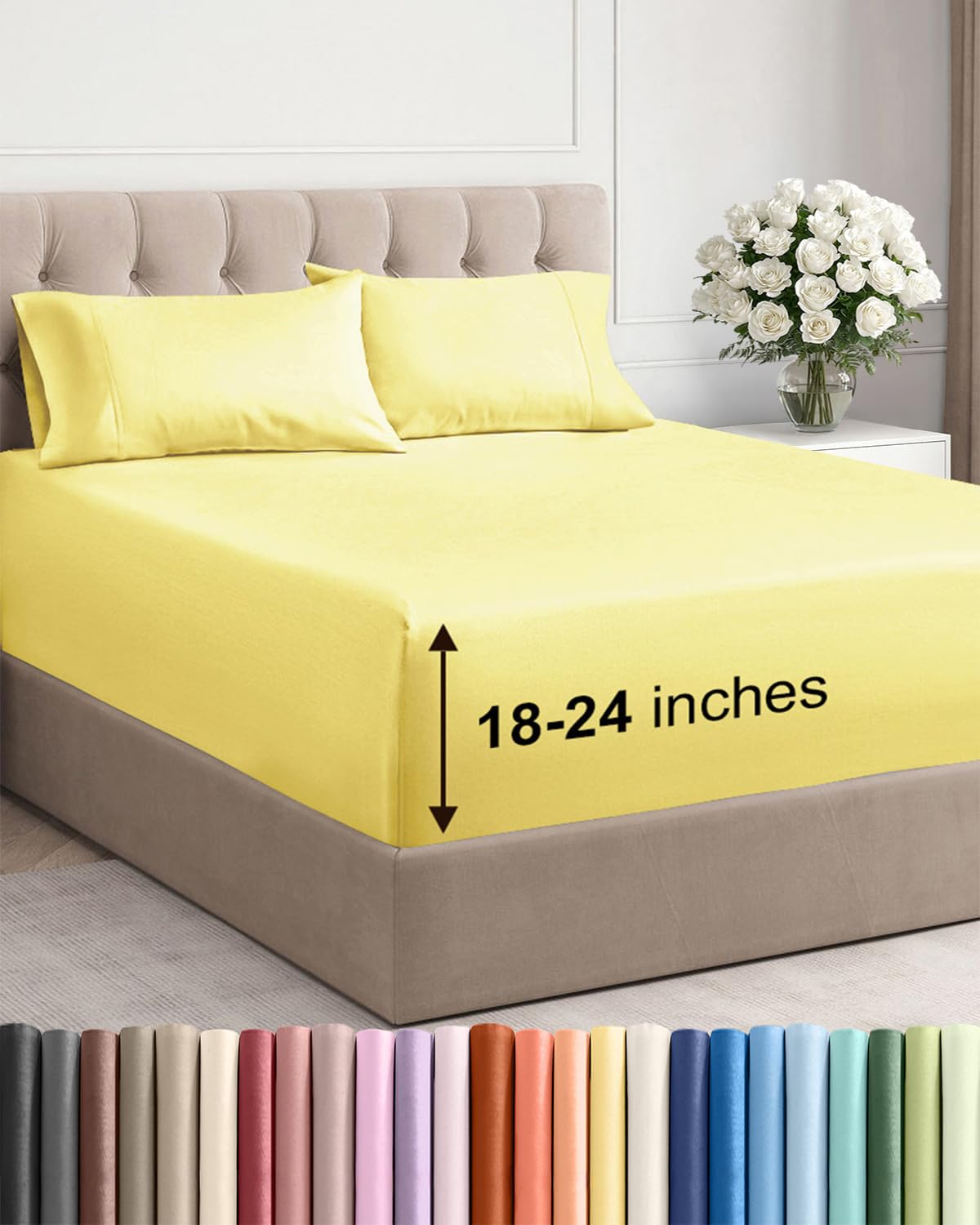 extra deep queen sheet set - 4 piece breathable & cooling bed sheets - easily fits 18 to 24 inch mattress - ultra soft, wrinkle & fade free w/ extra deep pockets - comfy hotel luxury bedding - yellow