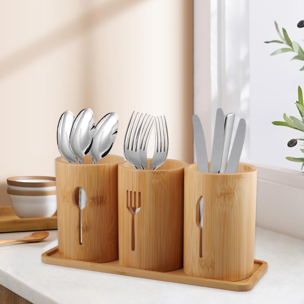 Porta-Utensili da Cucina, 3 Scomparti Per Utensili Da Cucina In Legno Portautensili in Bambù per Stoccaggio di Cucchiai, Forchette, Coltelli e Utensili da Cucin