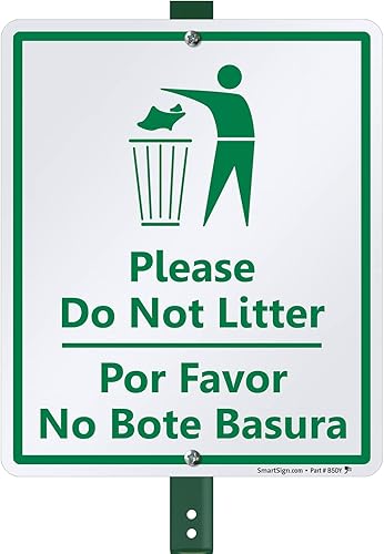 SmartSign Letrero bilingüe LawnBoss "Please - Do Not Litter"  Letrero de aluminio de 10 x 12 pulgadas con estaca de 3 pies