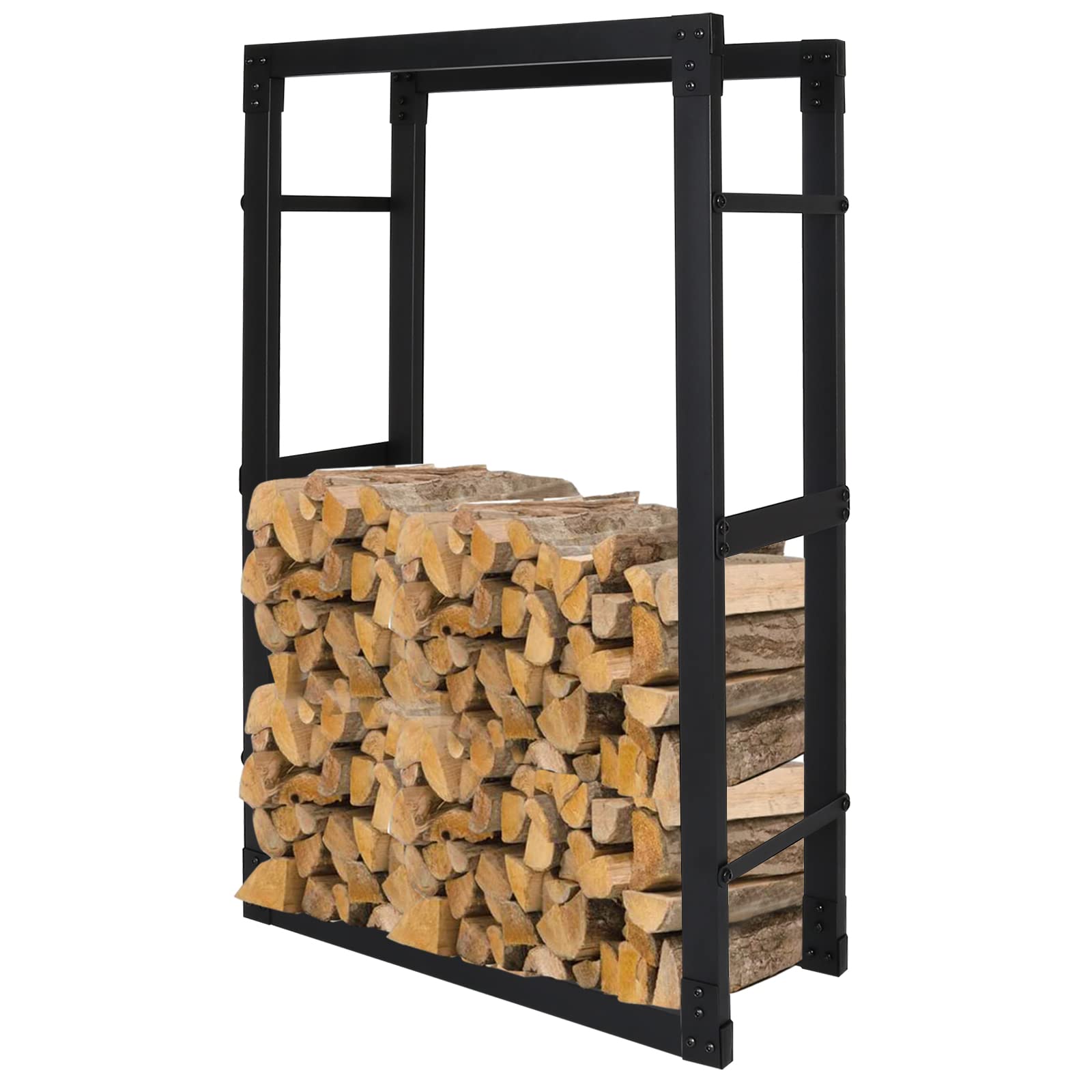 Fiqops Estantería para leña de acero, Soporte para Almacenamiento Exterior de leña, Diseño Negro Mate, Estructura de Metal Estable, Tamaño: 25 x 80 x 150 cm