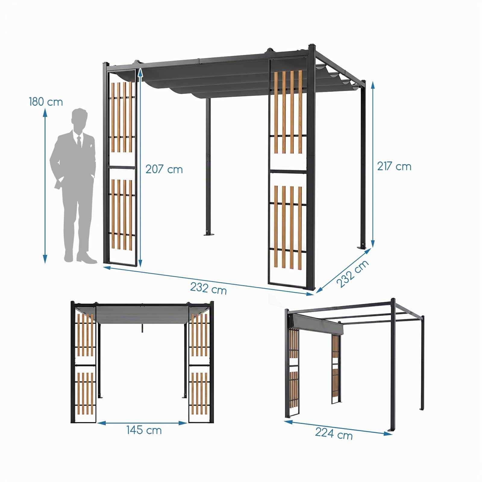 RELAX4LIFE Pergola Jardin Exterieur avec Toit Rétractable, Belvédère pour Patio avec 2 Paravents Lattes, Cadre en Acier au Carbone, Tonnelle de Jardin Extérieur pour Terrasse