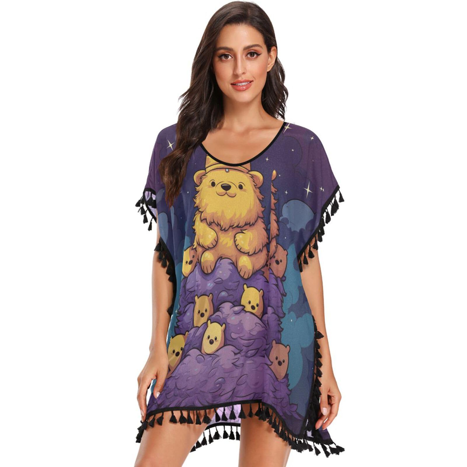 Doodle Art Cute Bear Women's Beach Cover Up Chiffon Tassel Swimwear Swimsuit Coverups for Girl