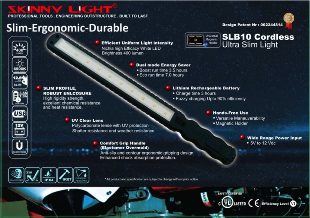 Colester Direct Skinny Light - Lampada da lavoro portatile a LED, ricaricabile, ultra sottile, con supporto magnetico regolabile