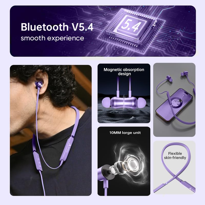 Image of APES NeckRhythm Wireless Bluetooth Neckband, 8Hrs Playtime, 10mm Drivers, Bluetooth v5.4 (Purple)