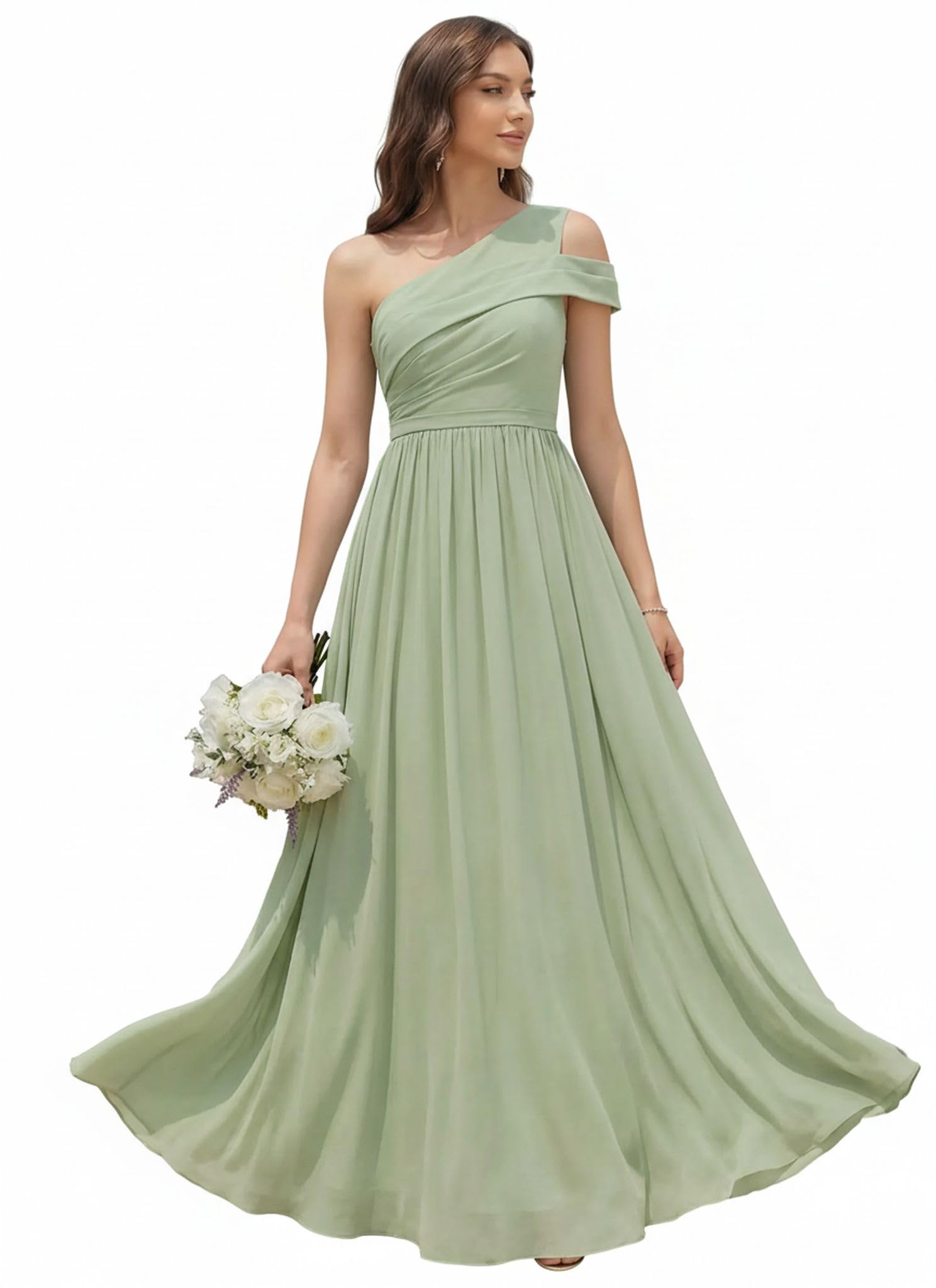 Ever-Pretty Abiti da Damigella Collo Asimmetrico Maniche Corte Chiffon Maxi Gonna Svasata ES02705