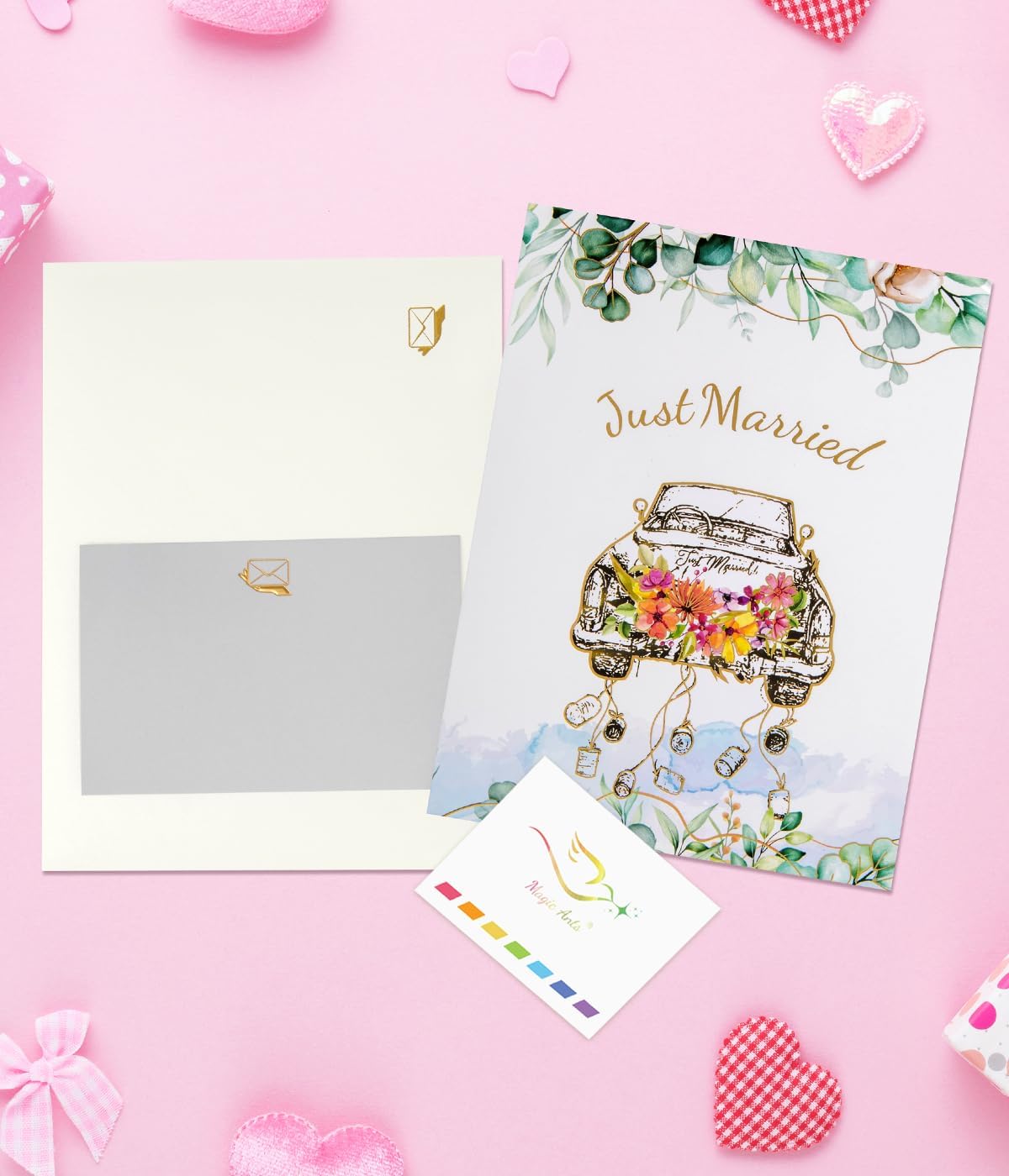 Magic Ants Just Married 3D Pop Up Wedding Card, Vintage Car with Floral Watercolor Cover, Romantic Card for Bride and Groom, Engagement, Bridal Shower, Newlyweds, Wedding Congratulations - Image 6