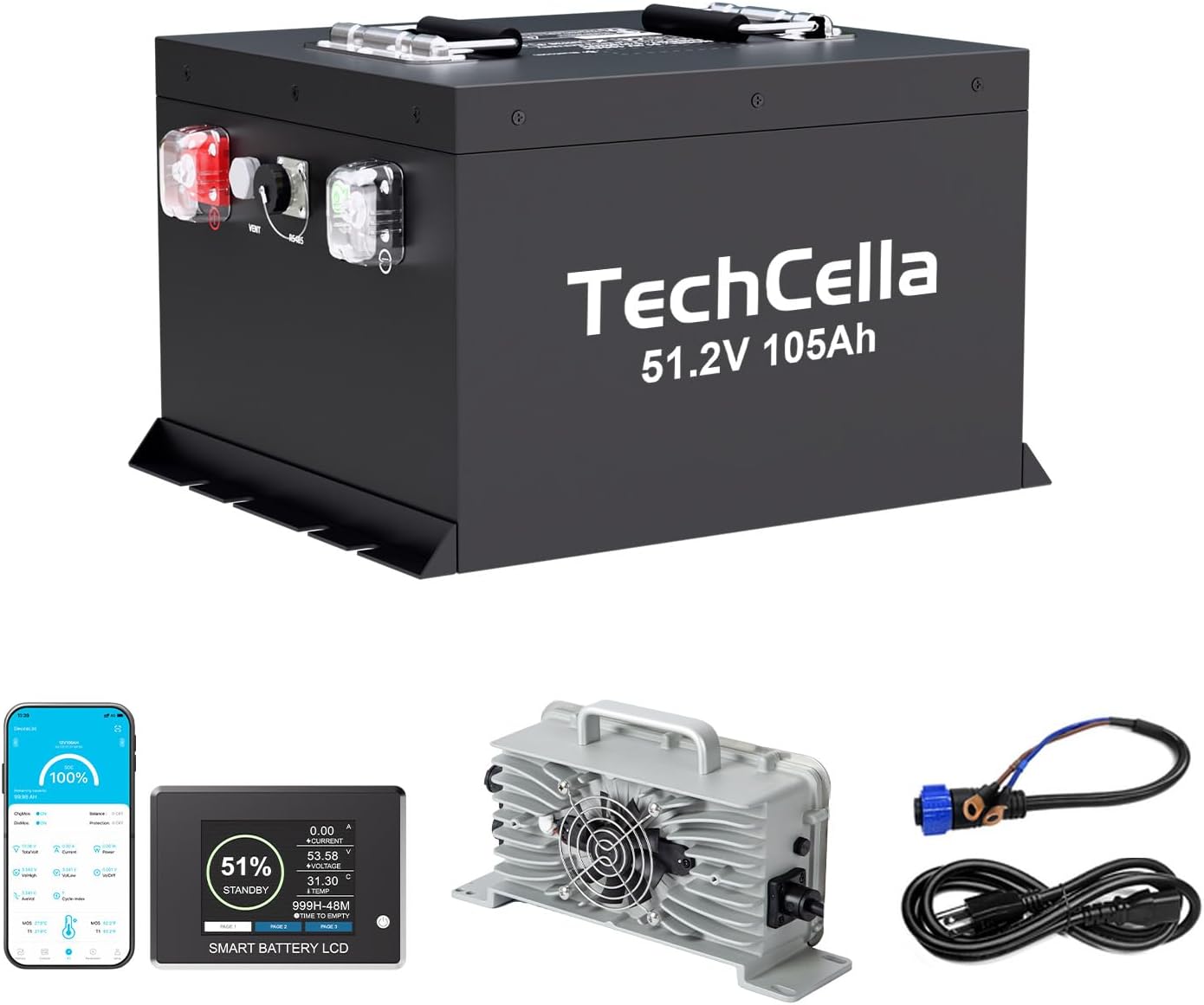 48V Lithium Battery Golf Cart 105Ah, 200A BMS, Touch Screen & Bluetooth, with 58.4V 22A Charger, Low Temp Cut Off, Max 10.24kW Power Output for EZ GO, Club Car, Yamaha Golf Cart