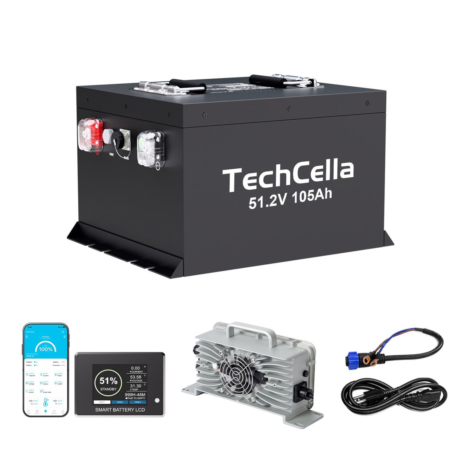 48V Lithium Battery Golf Cart 105Ah, 200A BMS, Touch Screen & Bluetooth, with 58.4V 22A Charger, Low Temp Cut Off, Max 10.24kW Power Output for EZ GO, Club Car, Yamaha Golf Cart