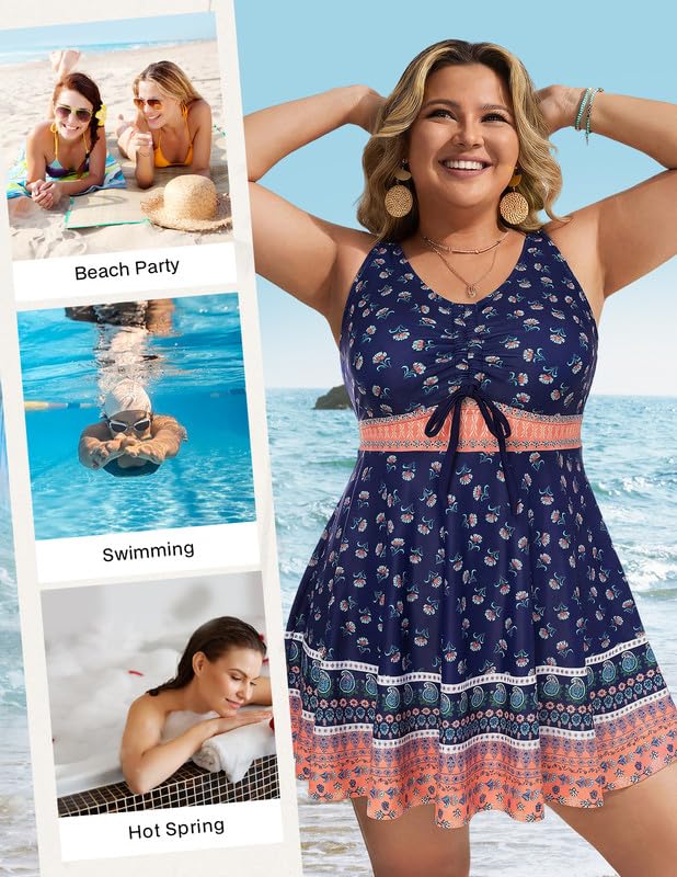 Hanna Nikole Conjunto de tankini de talla grande para mujer, trajes de baño de dos piezas con cordones y abertura en la cerradura, con pantalones cortos de natación, control de abdomen, trajes de baño
