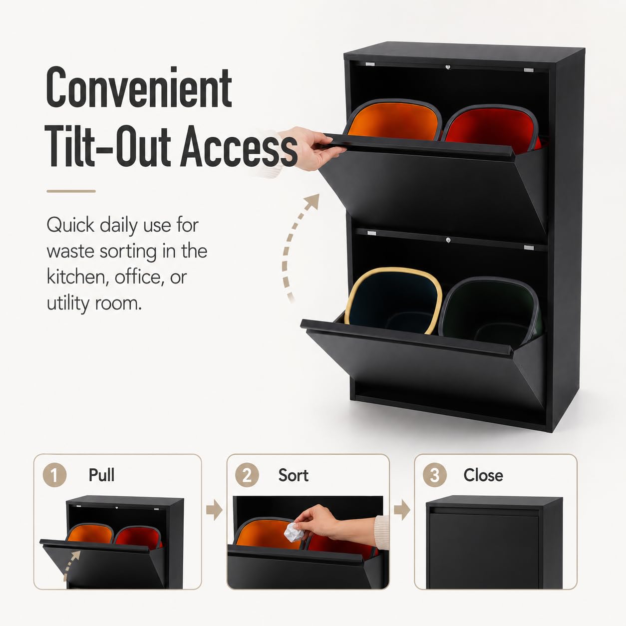 Sistema di raccolta differenziata con 4 contenitori da 15 l, pattumiera da cucina con armadio (nero) | 56 x 24,5 x 91 cm, acciaio laminato a freddo, 4 contenitori da 15 l, montaggio a parete, per cucina, ufficio, commercio