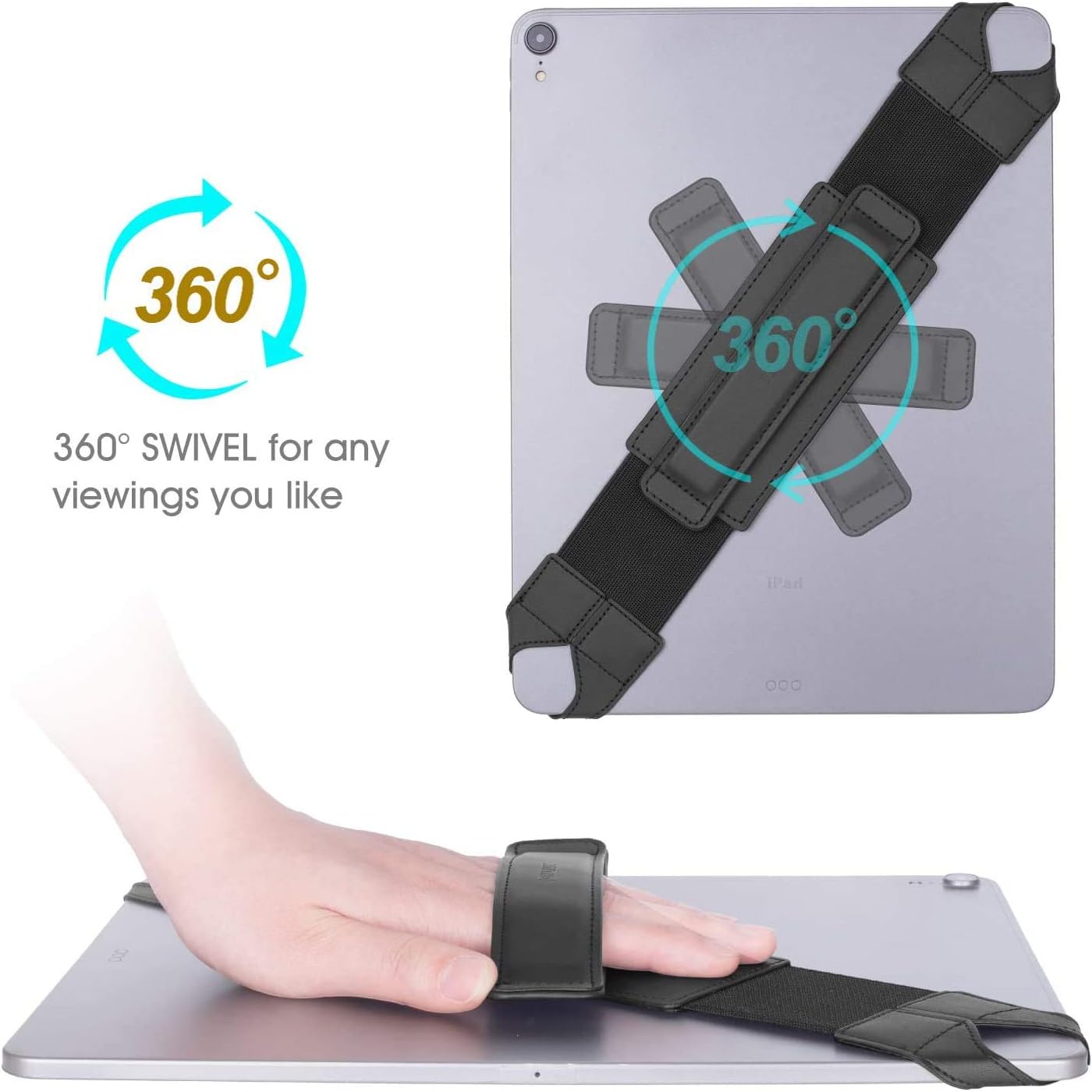 joylink Universal Tablet Hand Strap Holder, 360 Degrees Swivel Leather Handle Grip with Elastic Belt, Secure & Portable for 12.9" Tablets (iPad Pro 2018),Black