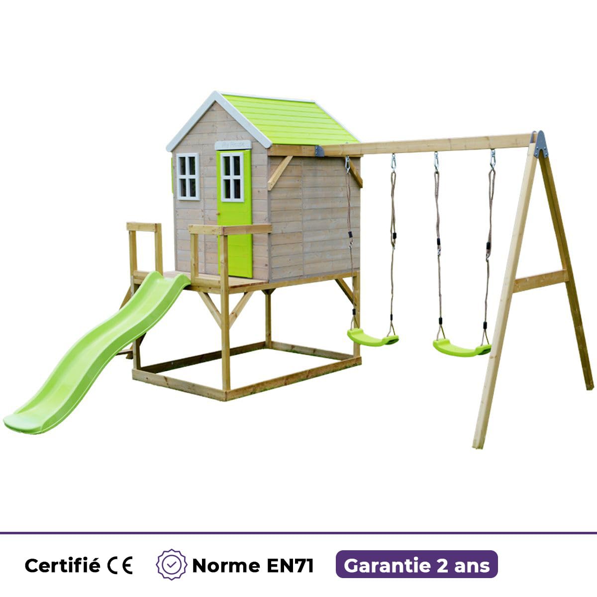 Kangui – Casa de jardín infantil exterior – Cabaña de madera con plataforma, tobogán y doble columpio – Techo impermeable – Verde y blanco