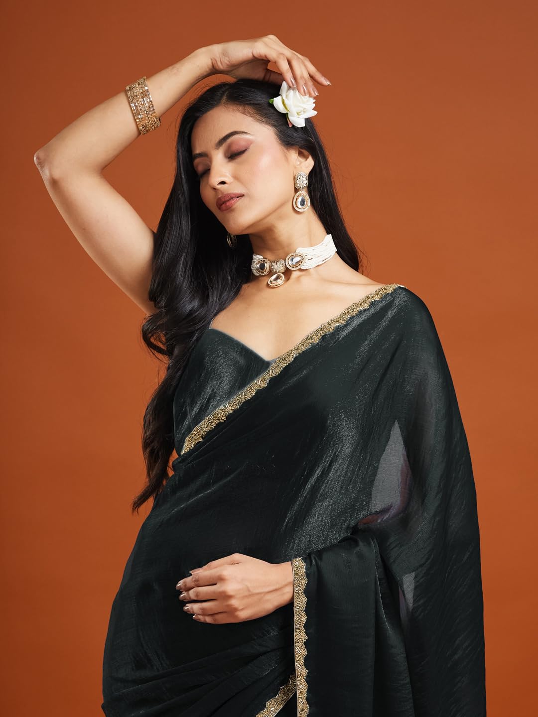 LOROFY Women's Chiffon Two Tone Saree (With Blouse) (Black) - Image 4 thumbnail