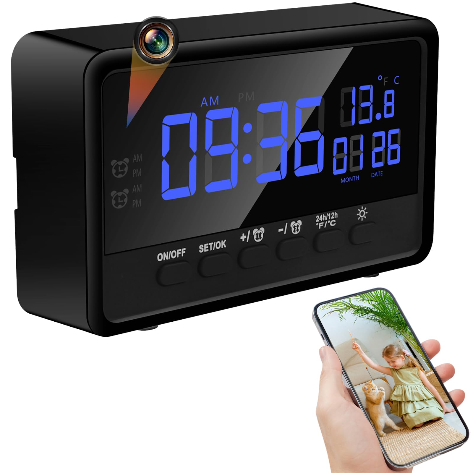 Camara Espia Oculta WiFi Interior, 1080P, Visión Nocturna | Doble banda 2.4/5GHz, gran angular 120°, detección movimiento, despertador 2 en 1, brillo 5 niveles, microSD 128GB, invisible