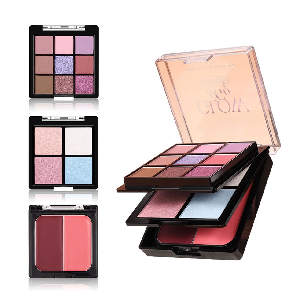 All in On Makeup Palette for Face,3 Layer Multifunctional Eye & Cheek Palette Set Including 9 Color Eyeshadow,4 Color Buildable Blush and 4 Highlighters,Travel Size Cosmetics Pallet (Purple)