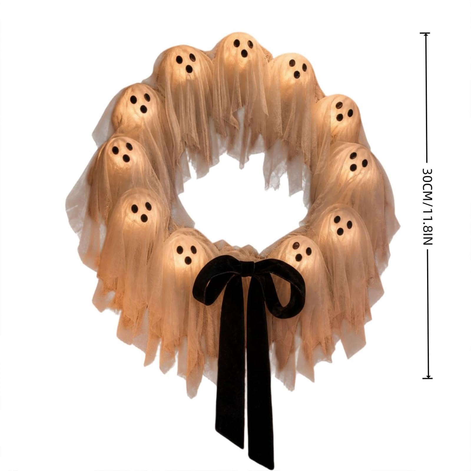 Ghirlanda Fantasma Luminosa di Halloween da 30/35 cm, Decorazione Bianca | Con Telecomando, A Batteria & Facile da Appendere, Forte Atmosfera Halloween, per Porta d’Ingresso, Parete, Festa(30cm)