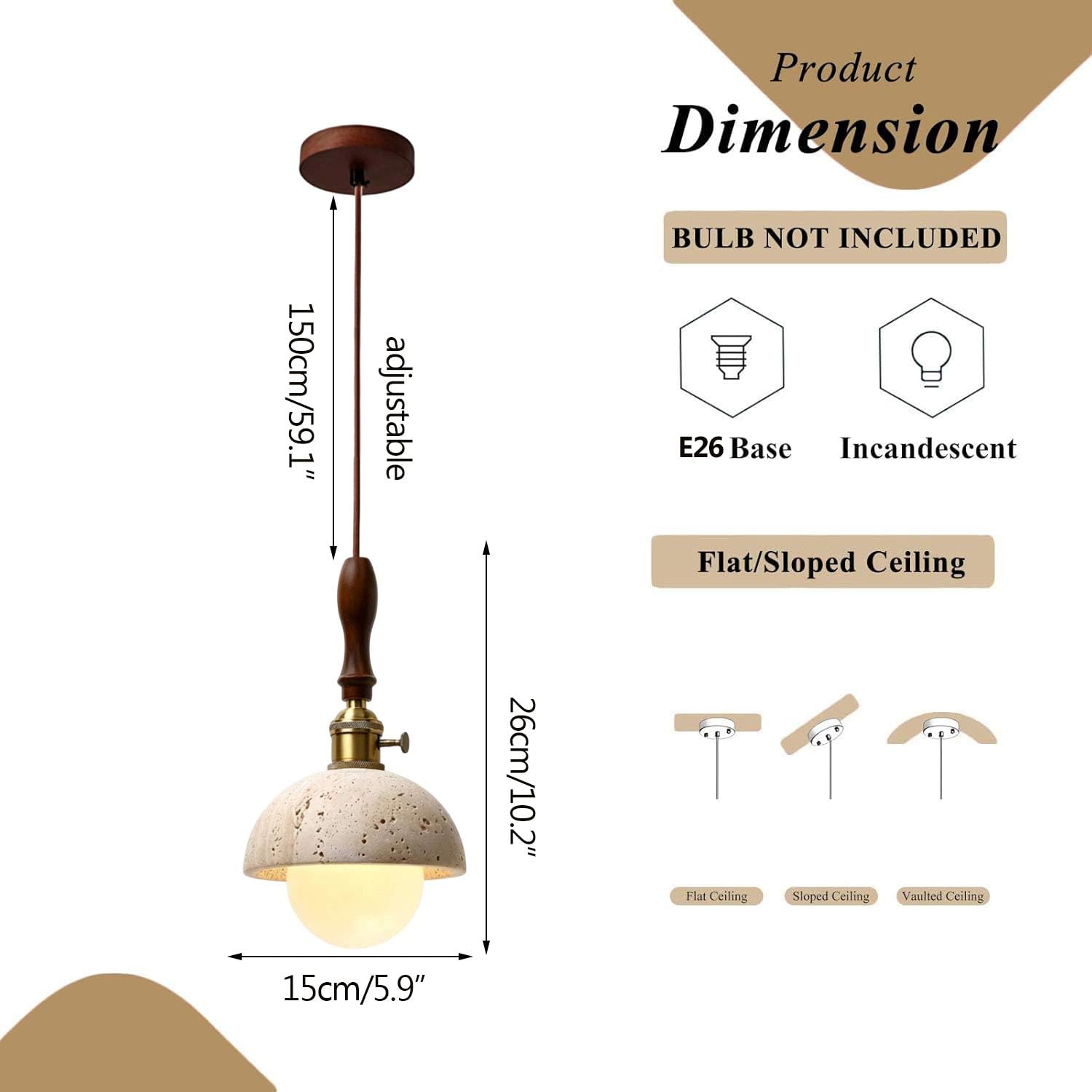 Generico Lampada A Sospensione In Travertino Naturale Da Soffitto In Legno Vintage Per Fattoria E26 Regolabile