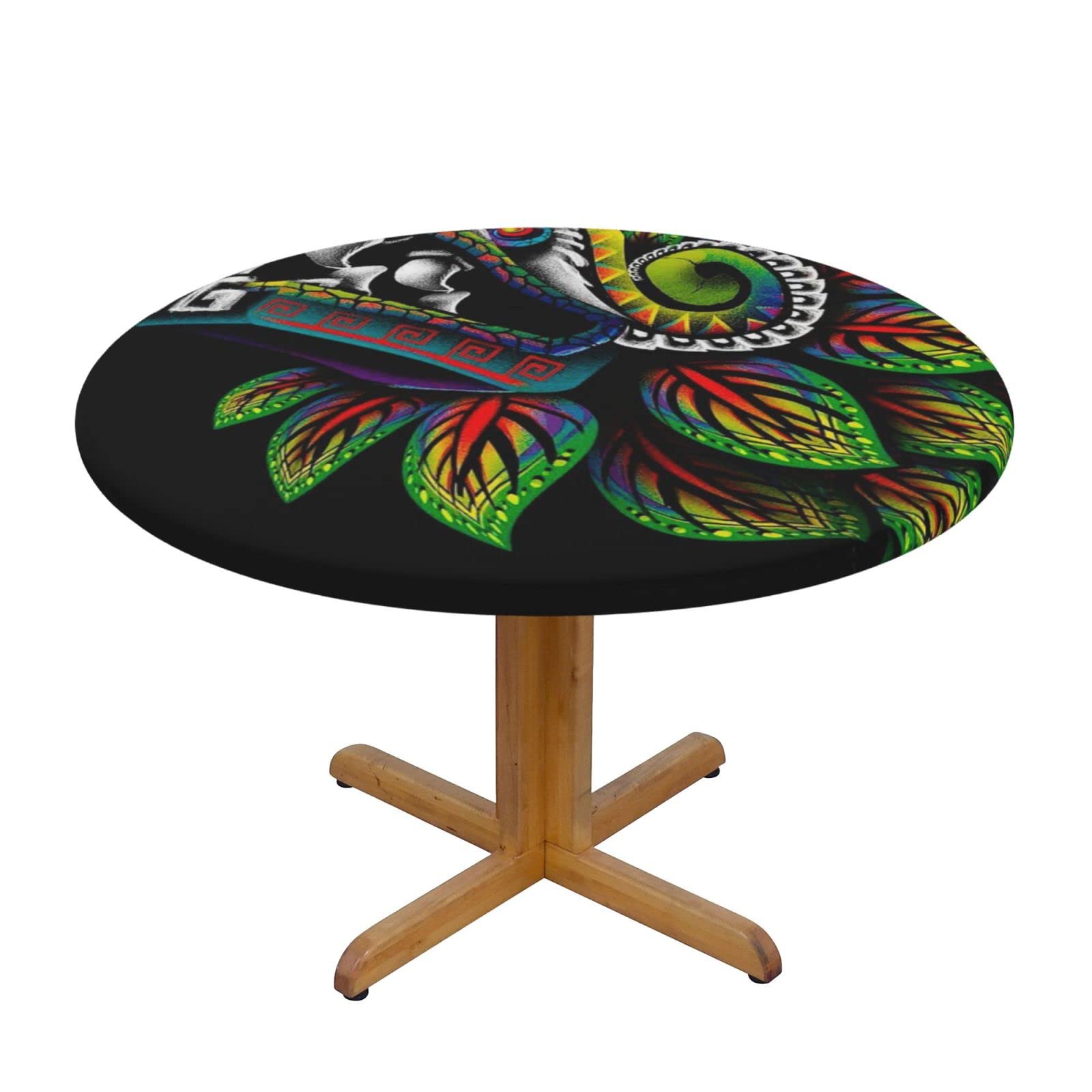 Lsjuee Round Fitted Tablecloth 40-44in Elastic Edged Table Cloth for Kitchen Dining Party Home Decor - Mayan Dragon Colorful Tribe