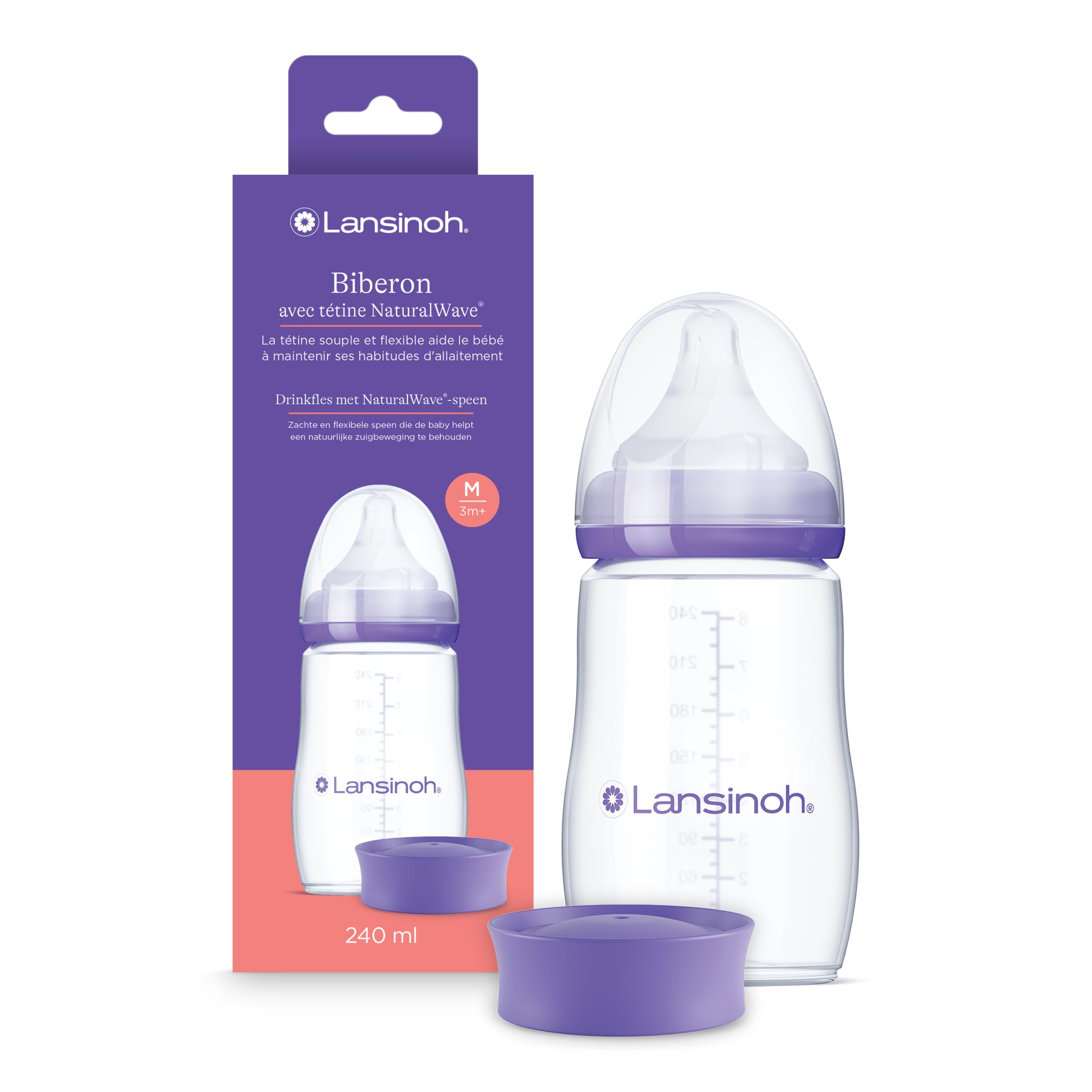 Lansinoh - Biberon PP NaturalWave® 240 ml - Système Anti-​Colique AVS - Tétine Large Souple - Réduit Confusion Sein-​Tétine - Sans BPA - Débit Adapté - Allaitement Mixte & repas sereins - Dès 0 mois