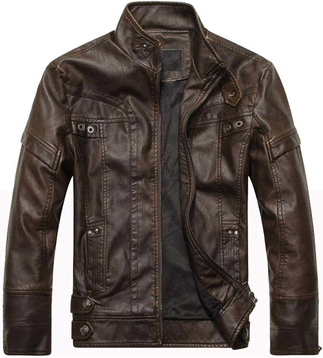 WULFUL Men's Vintage Stand Collar Leather Jacket Motorcycle PU Jacket and Coat
